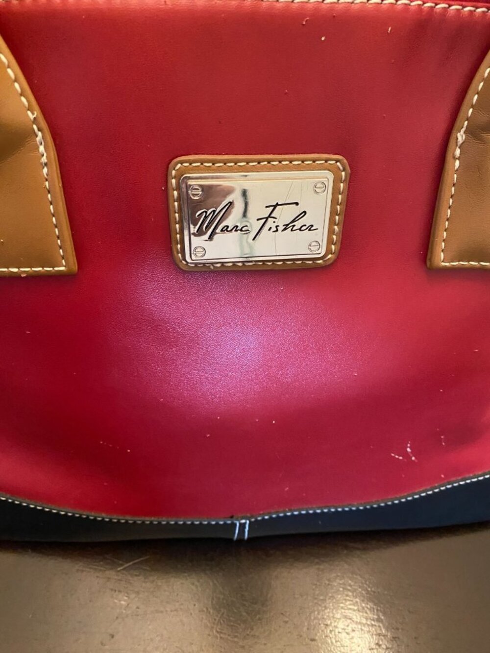 Marc Fisher Red Satchel Bag Black Bottom Structured Handbag Zip Top - Picture 2 of 10